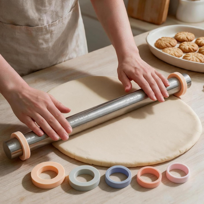 Rolling pin with thickness-adjusting rings (1 pc), helps roll dough to an even thickness