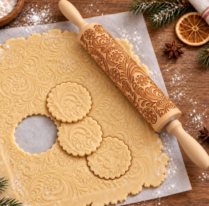 Carved wooden rolling pin (1 pc), with snowflake and floral patterns for embossing cookies and decorating pastries