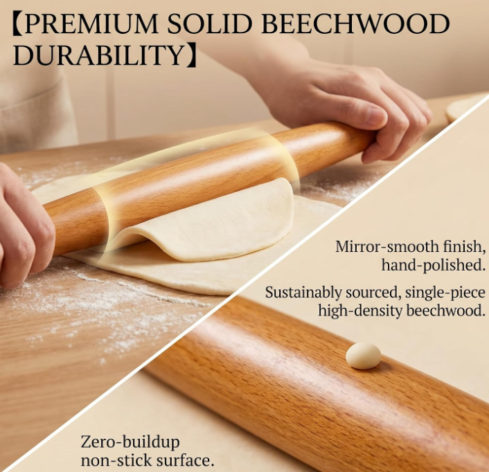 Beechwood French-style rolling pin (1 pc), tapered structure suitable for dough sheets, pastries, and cookies - Image 2