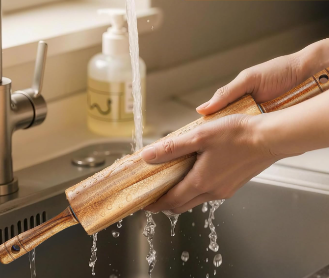 Acacia wood rolling pin with handles (1 pc), suitable for pizza, bread, and flatbread making