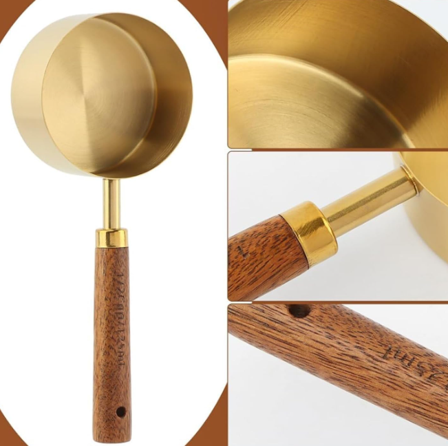 Gold Stainless Steel Measuring Cup and Spoon Set with Wooden Handles - Image 2