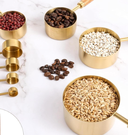 Gold Stainless Steel Measuring Cup and Spoon Set with Wooden Handles
